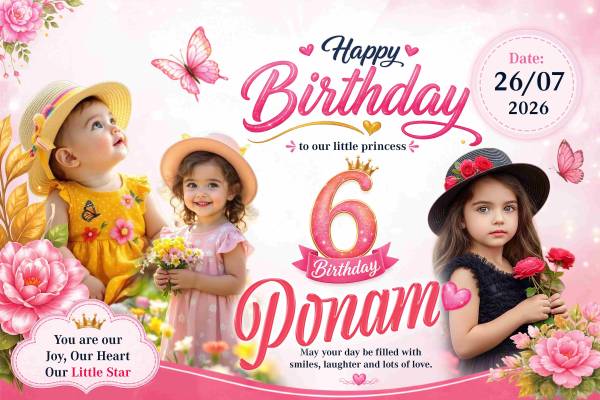 thumbnail 6th No Birthday Flex Banner PSD Template | Pink Floral Birthday Banner Design